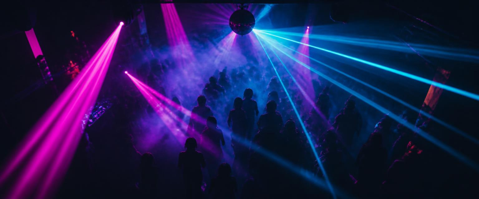 A nightclub dance floor cut by pink and blue lasers