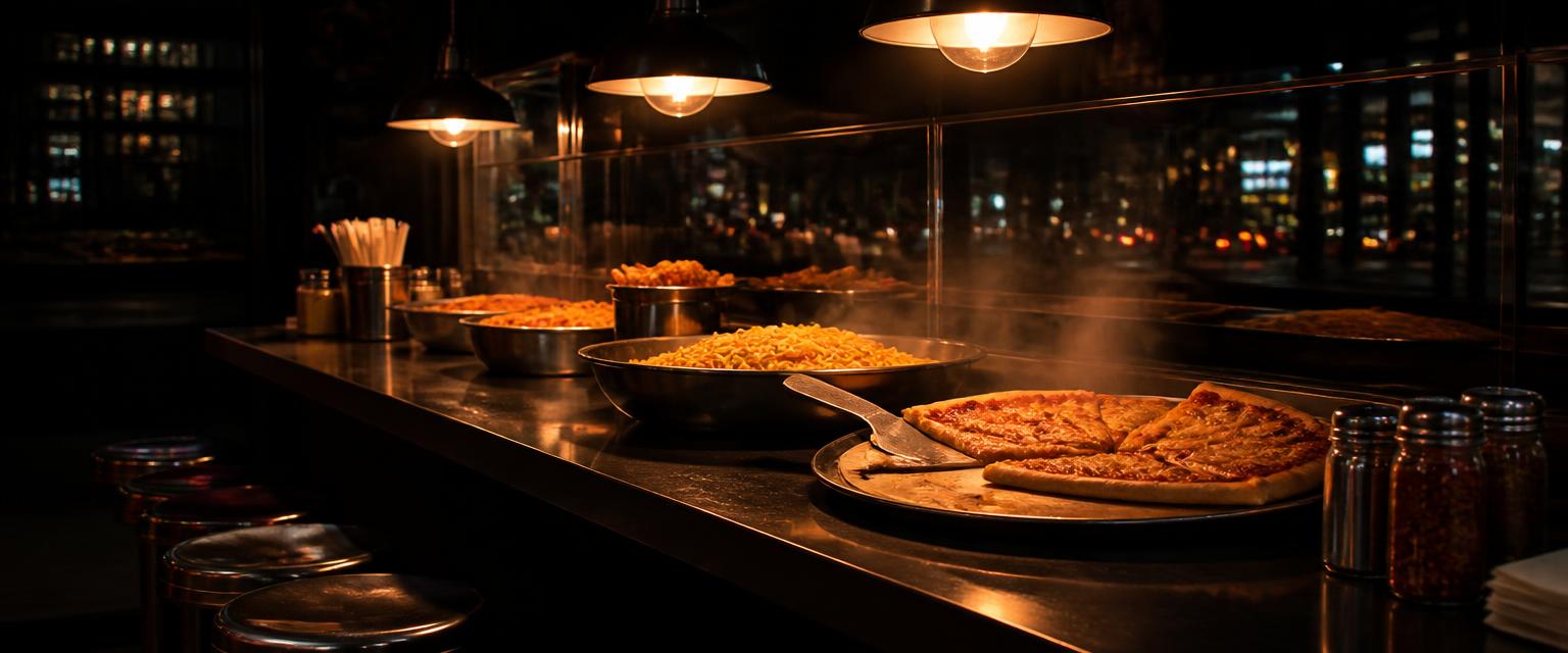 A late-night food counter with pizza under warm lamps
