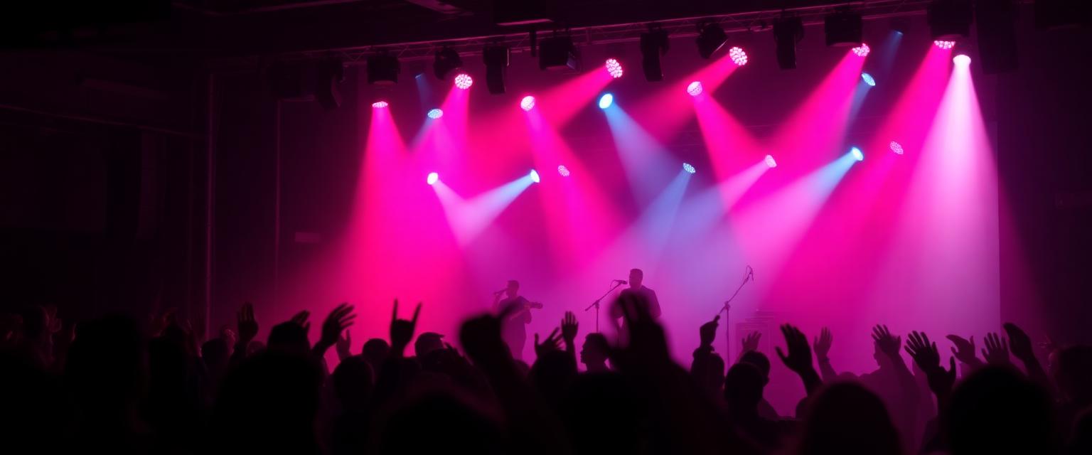 A small live music venue under pink stage lights