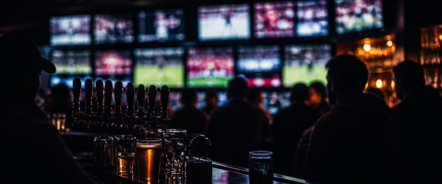 A sports bar with a wall of glowing screens